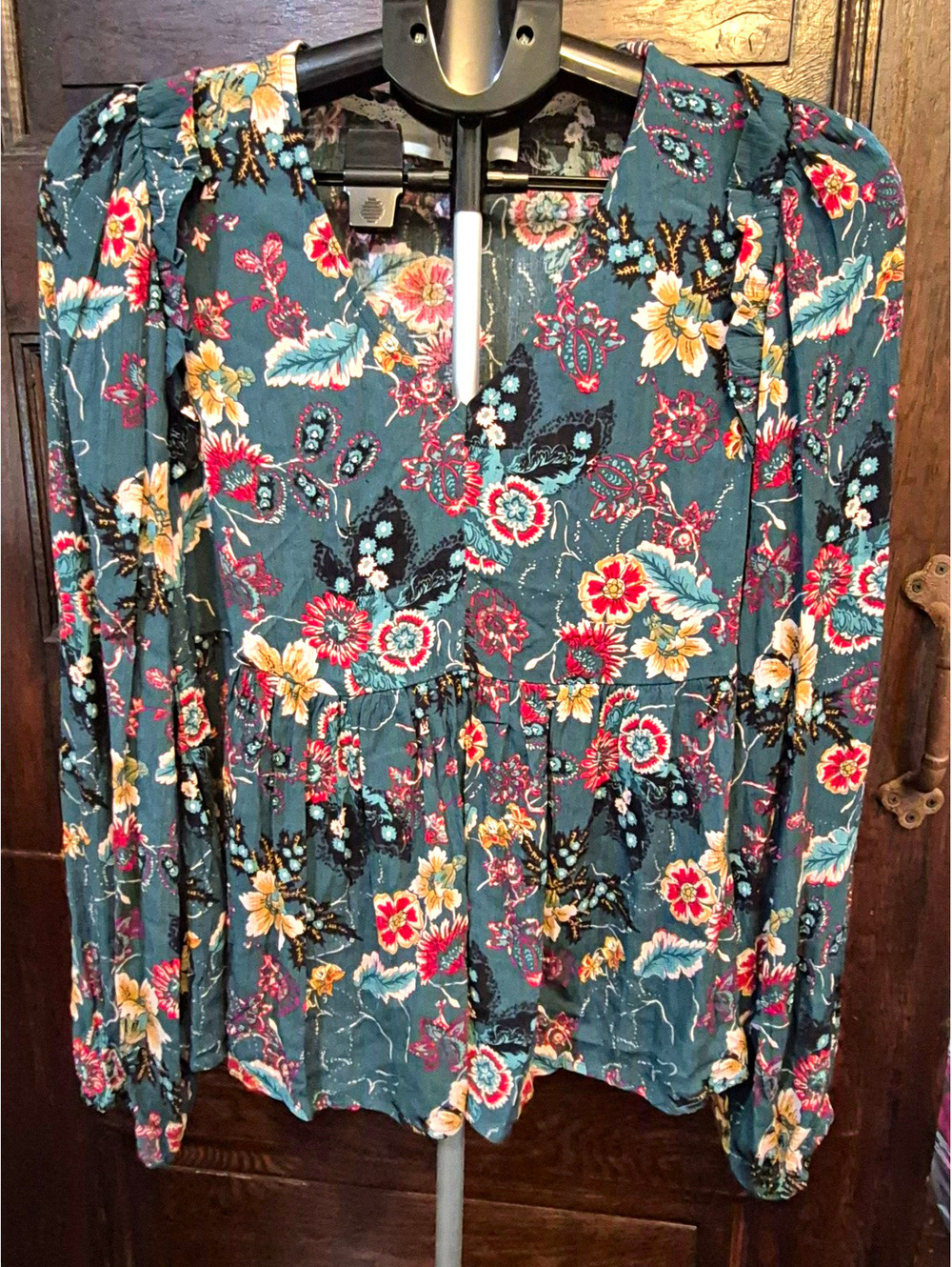 Nurture by Westbound Women’s Teal Floral V-Neck Rayon Blouse
